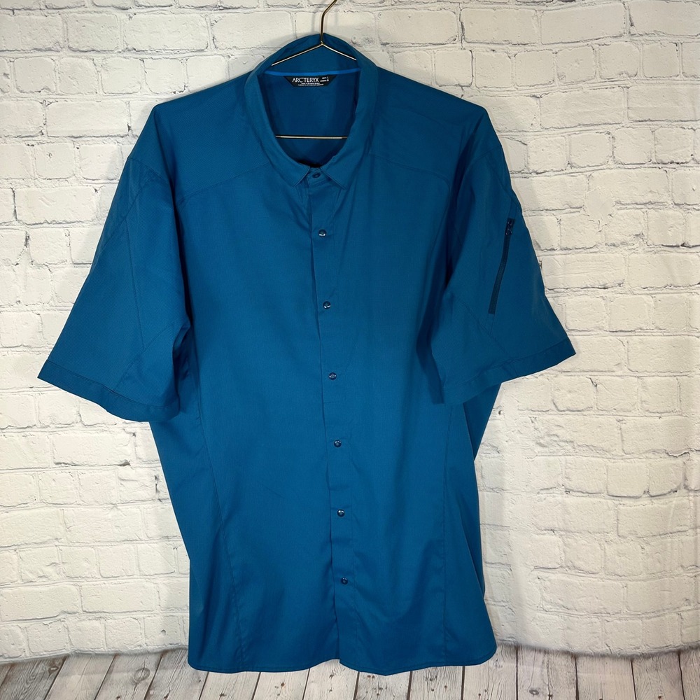 Arcteryx Mens Elaho Short Sleeve Shirt Blue Grid Snap Front Hiking Large 13653